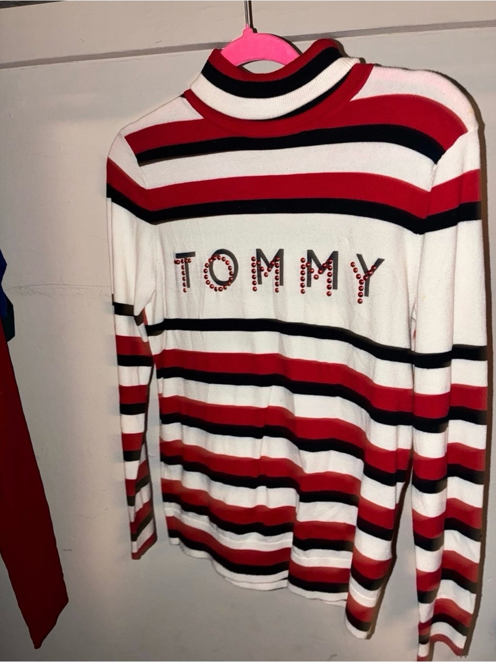 Tommy Hilfiger Red, White & Black Striped Turtleneck Sweater